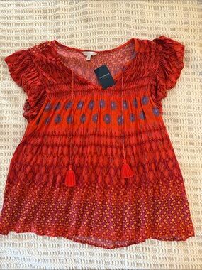 Lucky Brand Red/Orange/Blue Patterned Tassel Peasant Top